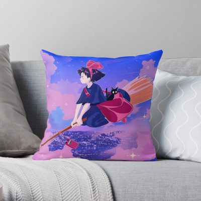 Nights Cute Kawaii Art Girl Kiki S Go Ghiblis Flying Away Anime Throw Pillow