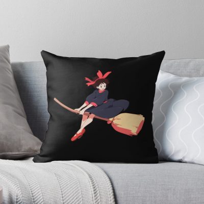 Anime Witch Girl Riding A Broomstick Throw Pillow